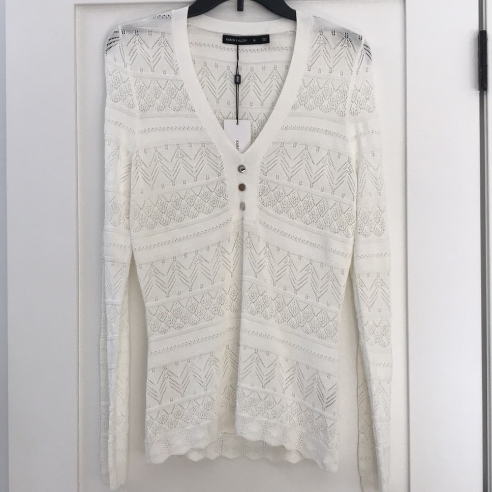 Karen Millen sz M viscose and nylon white Lacey long sleeved intricate knit top